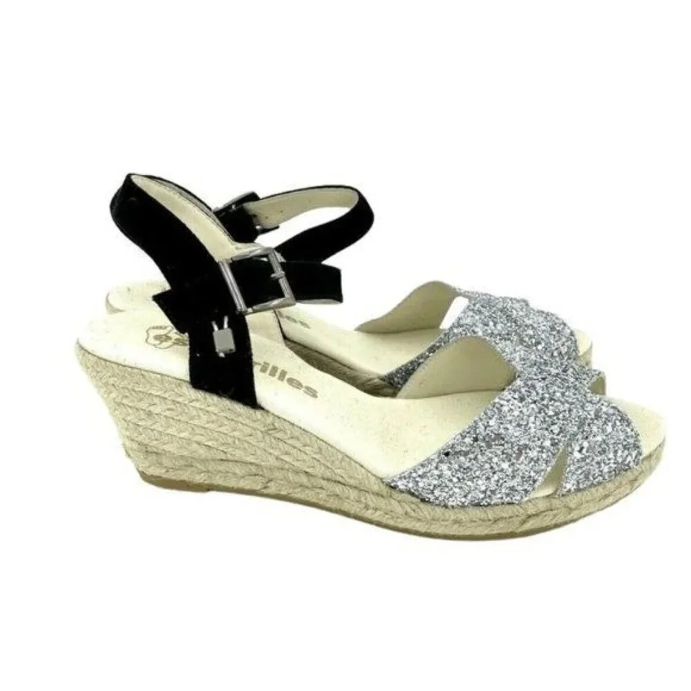 ESPADRILLES Boem Wedge Sandals Silver Glitter Black Suede Sz 42 US 11.5 US NIB